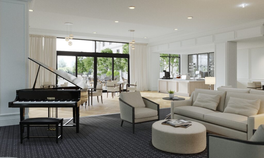 A lounge room with a sofa, tables, chairs, and a piano, all in neutral shades.