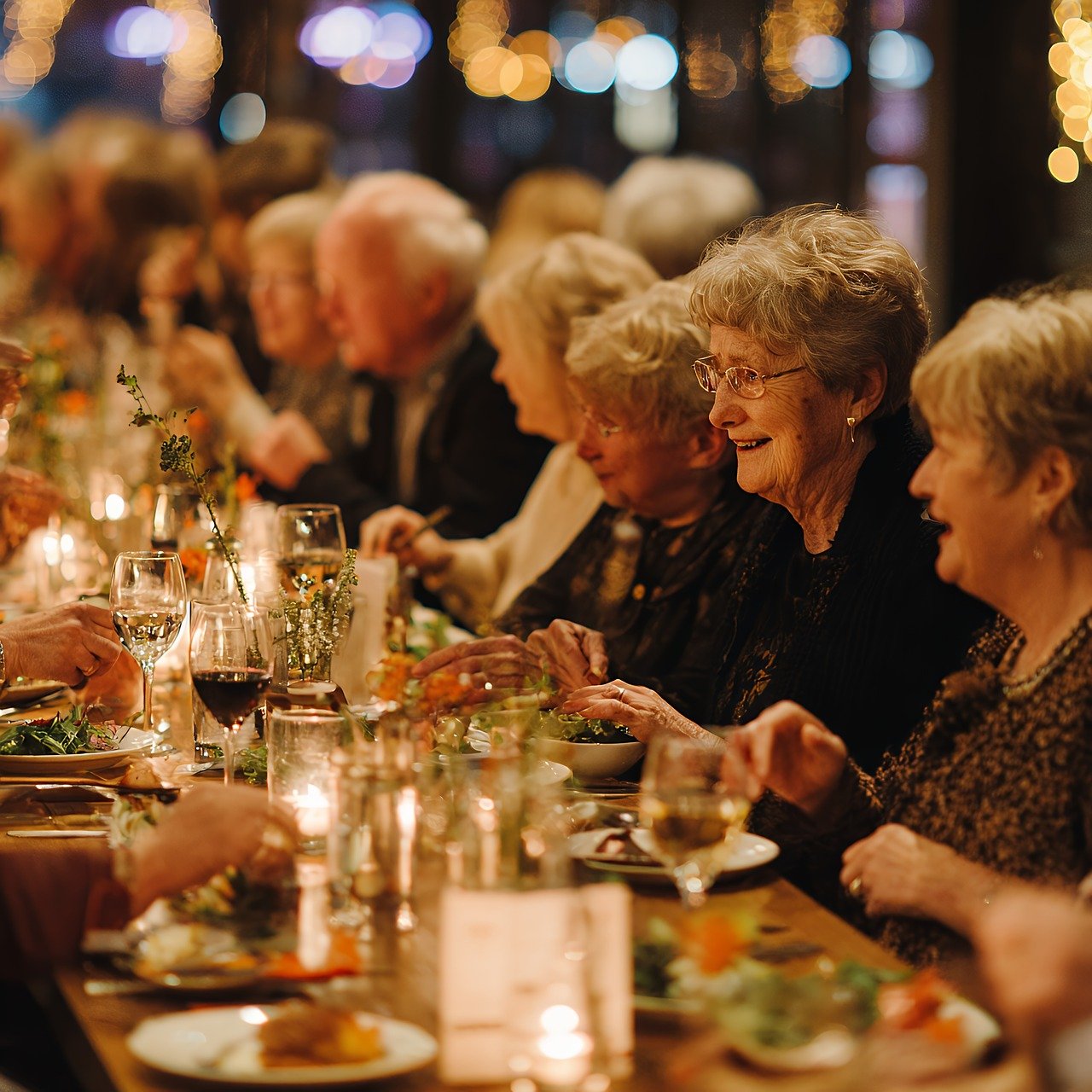 A large group of elderly people having dinner together at a long table.