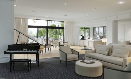 A lounge room with a sofa, tables, chairs, and a piano, all in neutral shades.